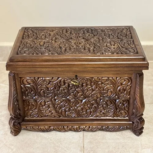 Maraş El Oyma Ceviz Ahşap Çeyiz Sandığı – 50x30x30 cm | Erva Natural Model