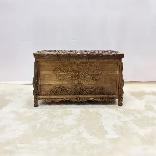 Maraş El Oyma Ceviz Ahşap Çeyiz Sandığı – 95x50x60 cm Büyük Boy Sandık