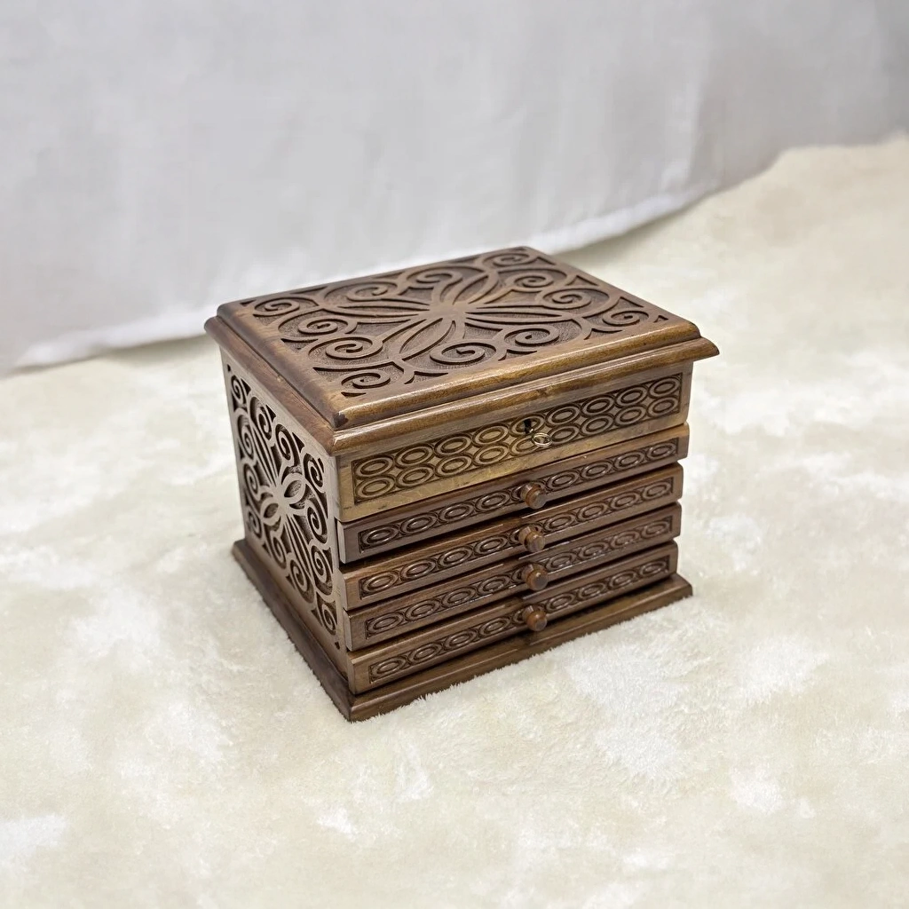 El Oyma Ceviz Ahşap Saatlik ve 4 Çekmeceli Tespih Kutusu