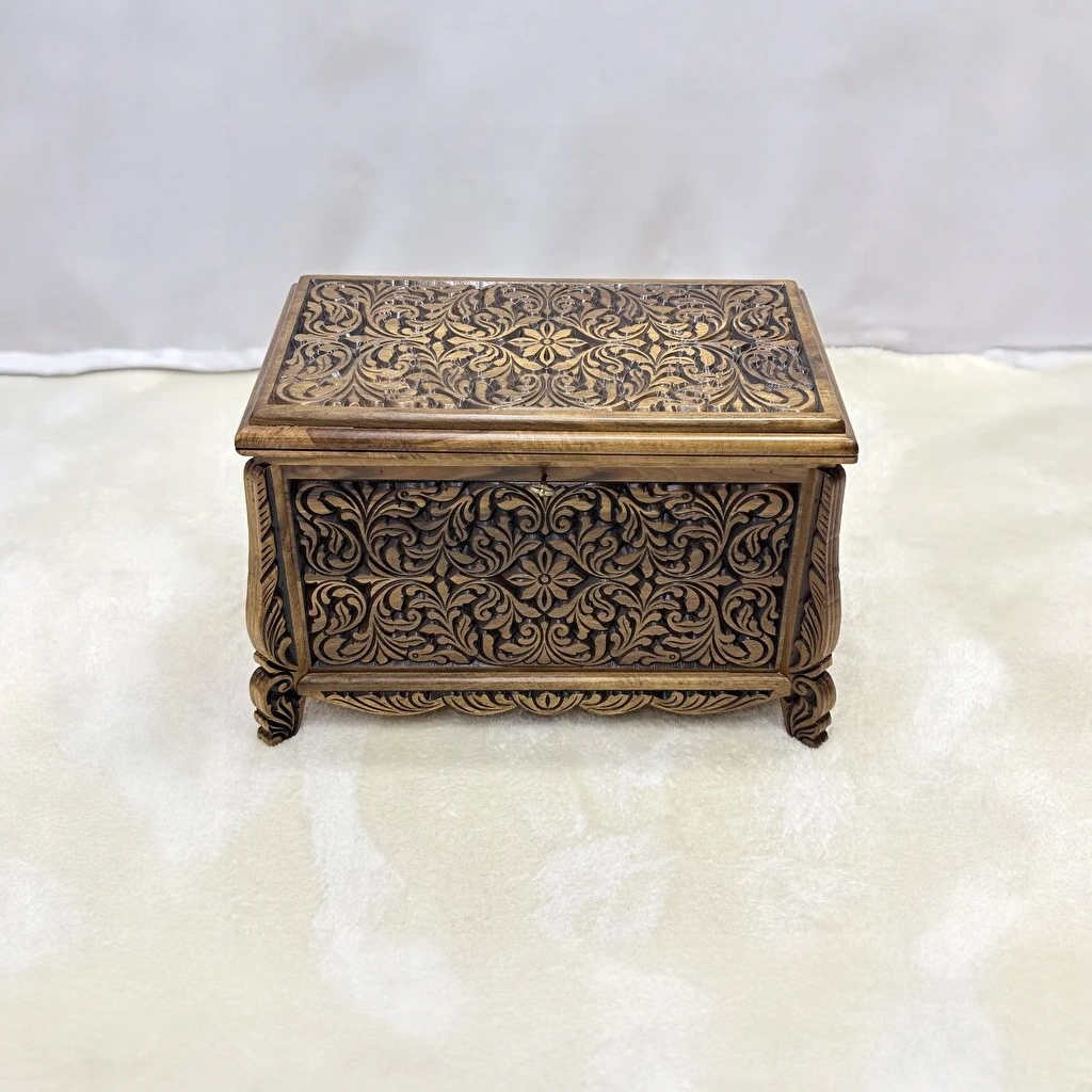 Maraş El Oyma Ceviz Ahşap Çeyiz Sandığı – 68x40x48 cm Orta Boy Sandık - Görsel 2