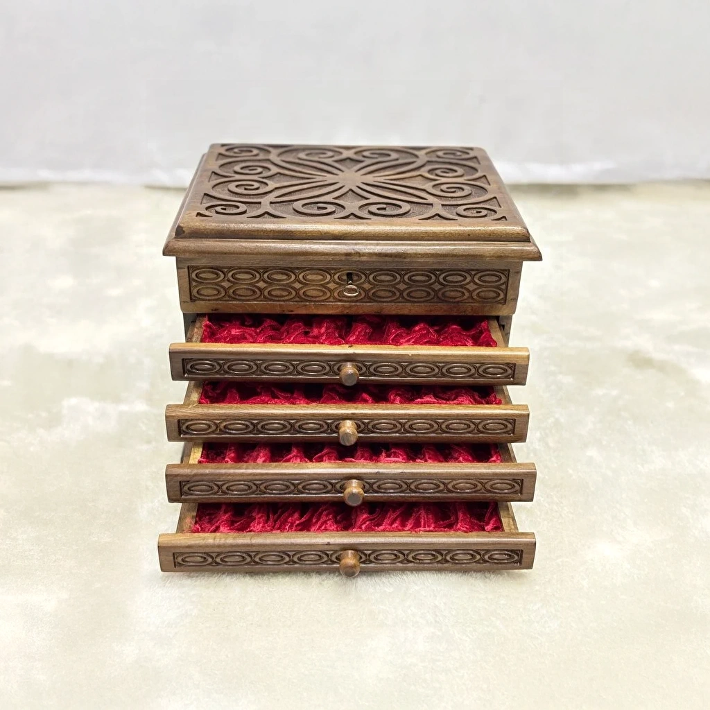 El Oyma Ceviz Ahşap Saatlik ve 4 Çekmeceli Tespih Kutusu - Görsel 2