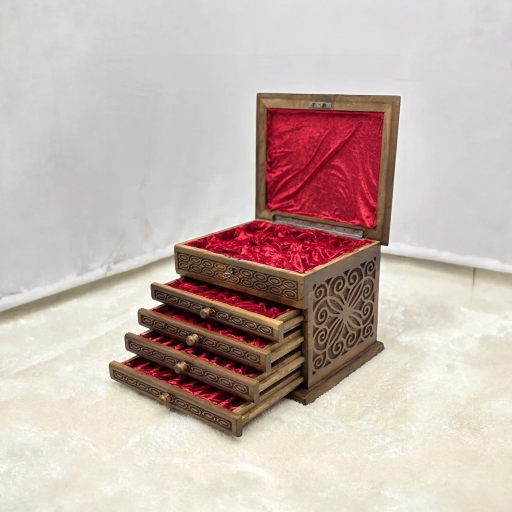 El Oyma Ceviz Ahşap Saatlik ve 4 Çekmeceli Tespih Kutusu - Görsel 4