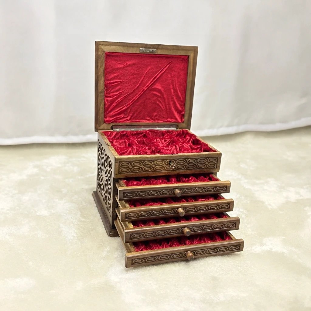 El Oyma Ceviz Ahşap Saatlik ve 4 Çekmeceli Tespih Kutusu - Görsel 5