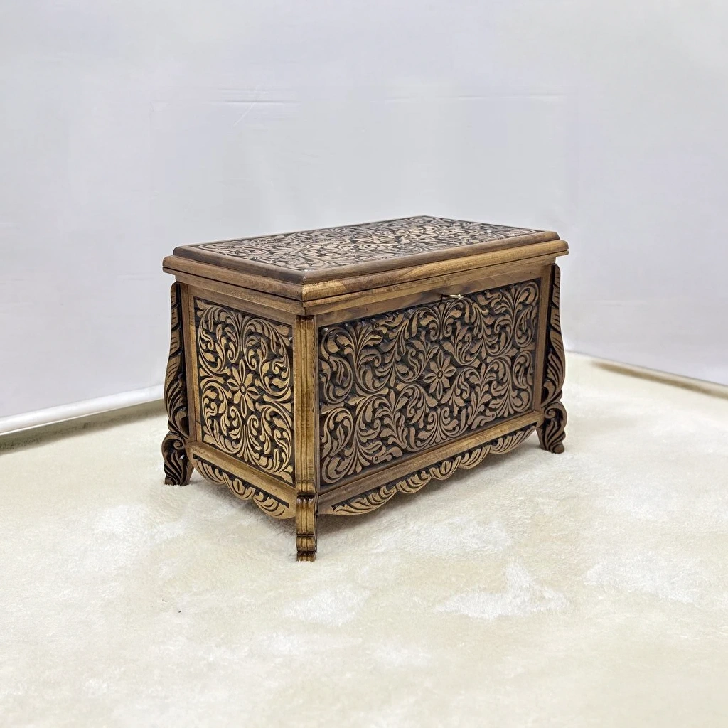 Maraş El Oyma Ceviz Ahşap Çeyiz Sandığı – 68x40x48 cm Orta Boy Sandık - Görsel 7
