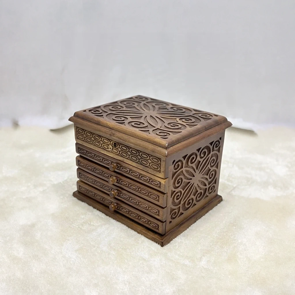 El Oyma Ceviz Ahşap Saatlik ve 4 Çekmeceli Tespih Kutusu - Görsel 7