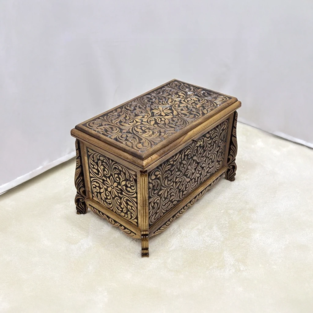 Maraş El Oyma Ceviz Ahşap Çeyiz Sandığı – 68x40x48 cm Orta Boy Sandık - Görsel 8